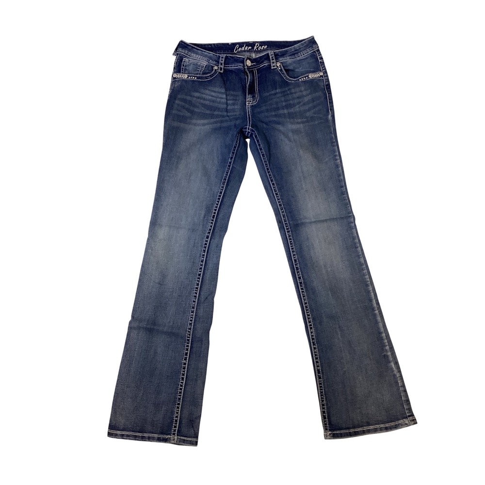 Cedar Rose Womens Blue Denim Jeans‎ Embellished Cross Pockets Bootcut Size 30